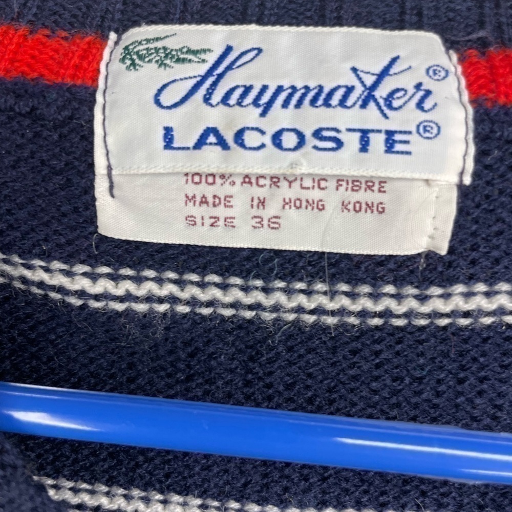 Vintage Women LACOSTE V-Neck Sweater Navy w/White Stripes & Red Crocodile 36/ Sm - Picture 10 of 10